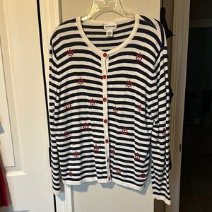VTG Breckenridge women’s Cardigan Sweater. Blue white stripes, red accents Sz M